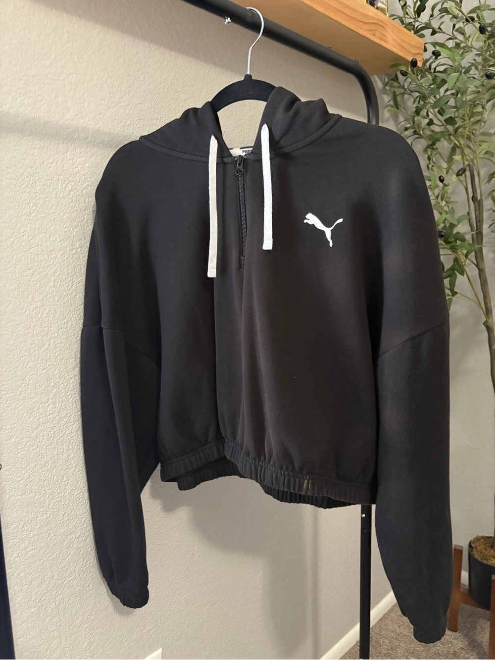 Puma Black Half-Zip Hoodie with White Drawstrings